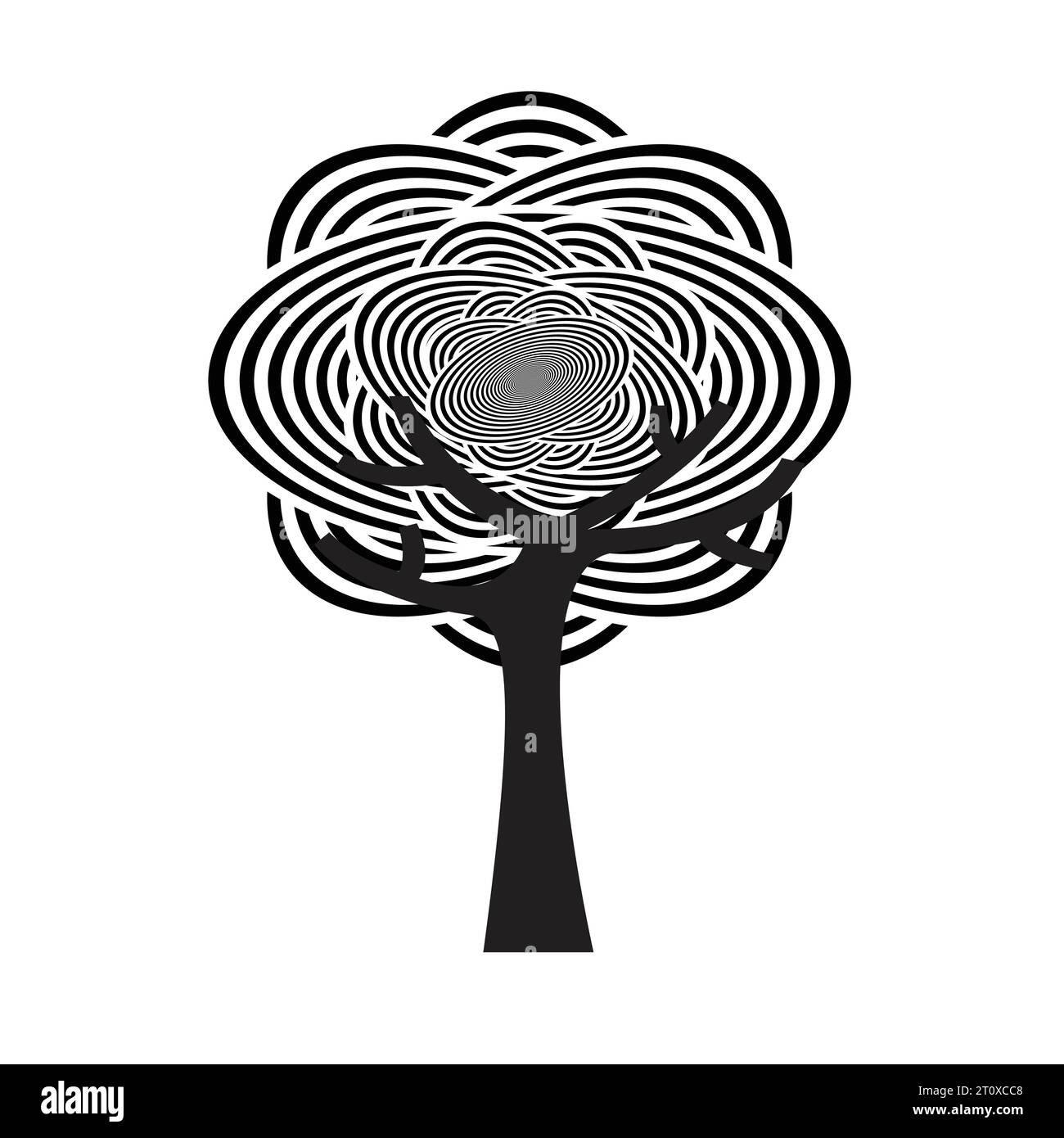 Baum mit abstraktem Muster mit schwarz-weißen Wellenlinien, Kreisen und Kurven Stock Vektor
