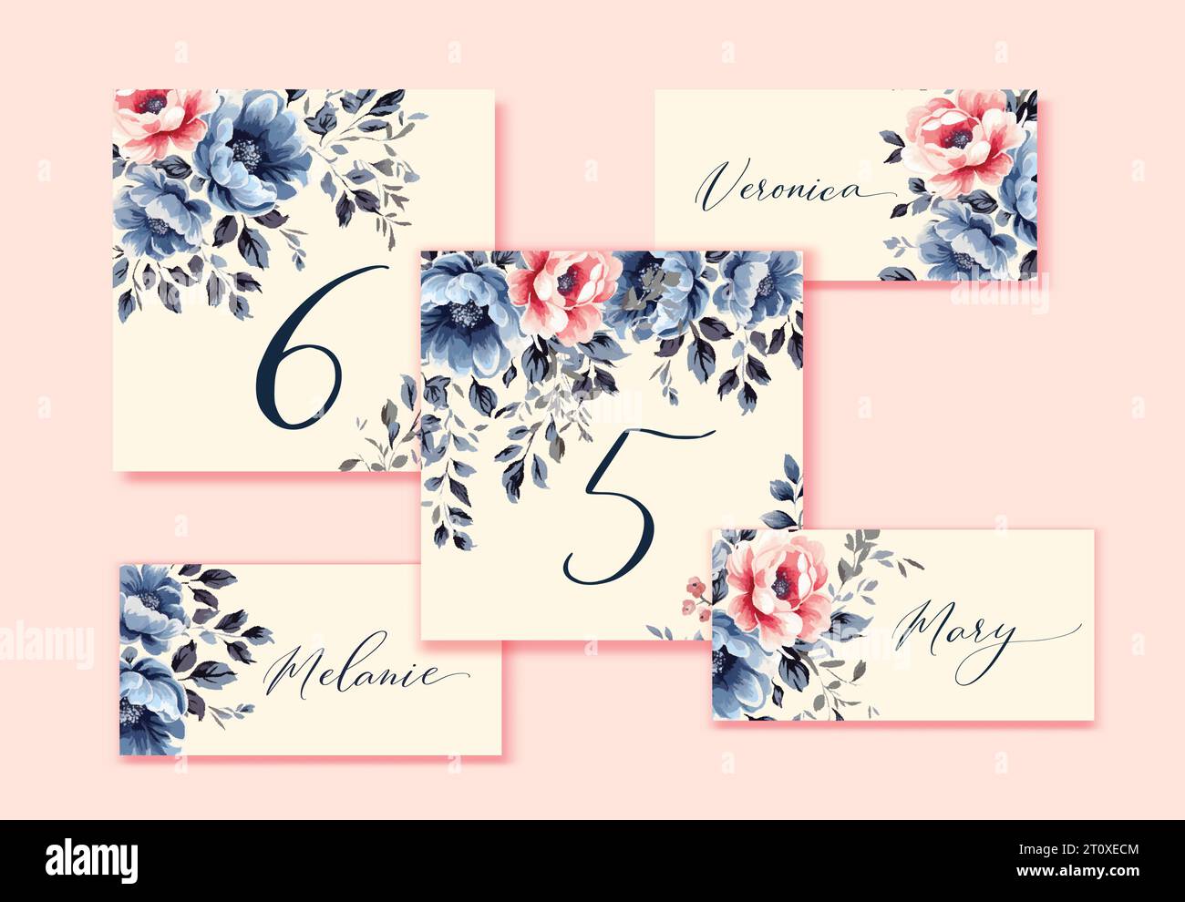 Vintage-Hochzeitstisch und Escort-Karten mit blauen und rosa Aquarellblumen. Vektorvorlage. Stock Vektor