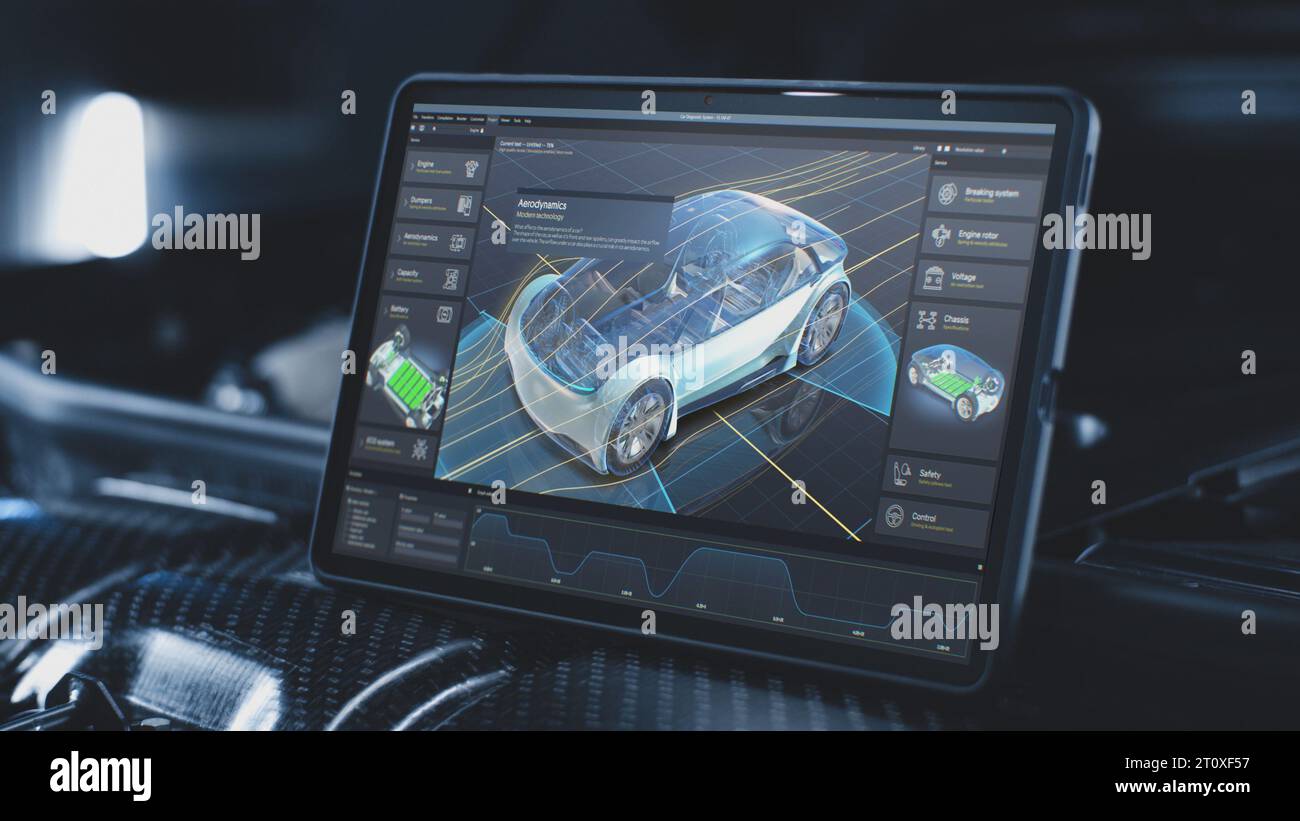 3D-Rendering der grafischen Benutzeroberfläche professioneller Software für umweltfreundliche Fahrzeugentwicklung. Programm zur Fahrzeugdiagnose oder -Prüfung mit einem virtuellen 3D-Elektrofahrzeug-Prototyp. Computerbildschirm. Stockfoto