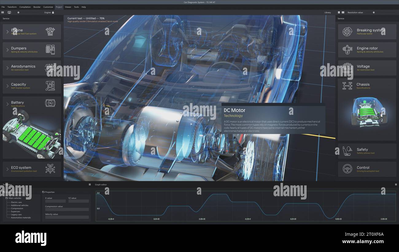 Der digitale Tablet-Computer zeigt eine futuristische 3D-grafische Visualisierung von Fahrzeugen, die professionelle Software mit einem virtuellen 3D-Elektrofahrzeugmodell entwickeln. Konzept der modernen Autodiagnostik-Technik. Stockfoto