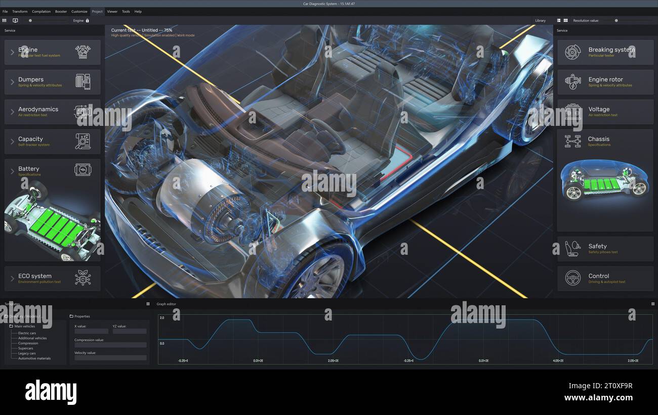 Der digitale Tablet-Computer zeigt eine futuristische 3D-grafische Visualisierung von Fahrzeugen, die professionelle Software mit einem virtuellen 3D-Elektrofahrzeugmodell entwickeln. Konzept der modernen Autodiagnostik-Technik. Stockfoto