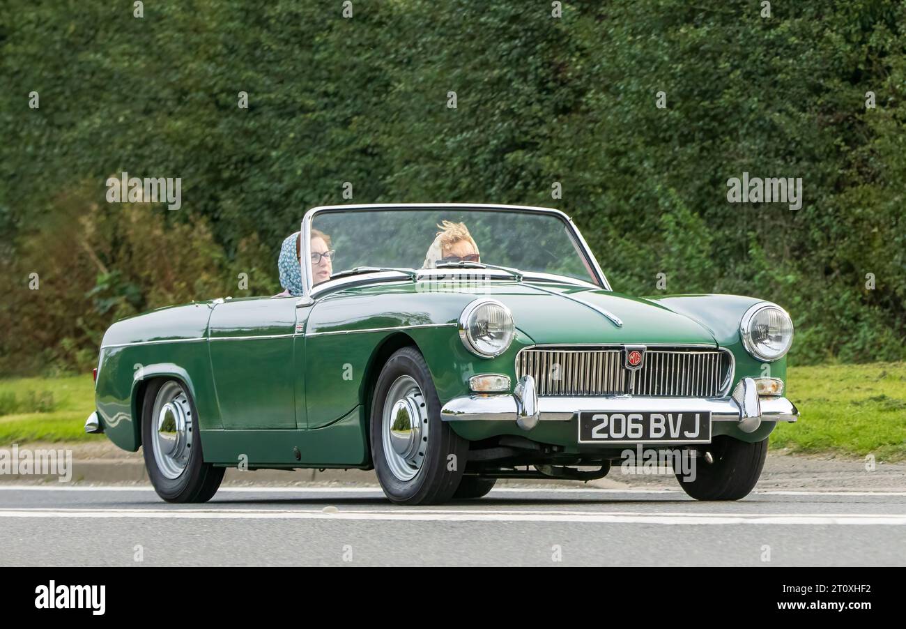 Bicester,Oxon.,UK - 8. Oktober 2023: 1962 Green Open Top MG Midget Oldtimer fährt auf einer englischen Landstraße. Stockfoto