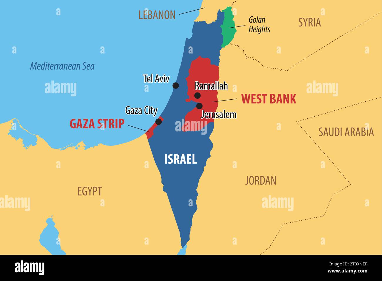 Vektorkarte von Israel und Palästina, die die Gebiete des Westjordanlands und des Gazastreifens zeigt Stock Vektor