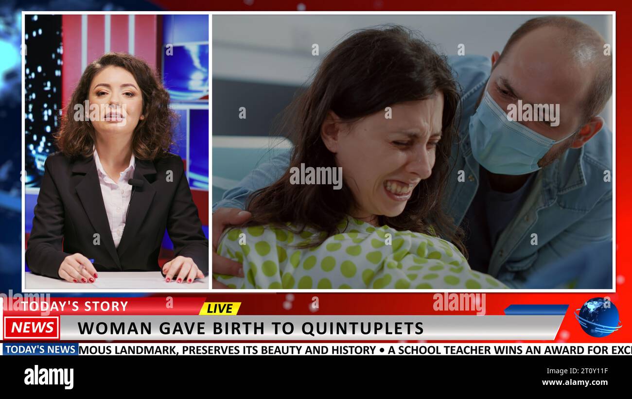 Journalist berichtet über die Wundergeburt und präsentiert eine Nachrichtensendung über Mutterschaft und Kindergeburt. Fernsehsender spricht über Schwangerschaftsschmerzen im Live-tv-Programm. Stockfoto