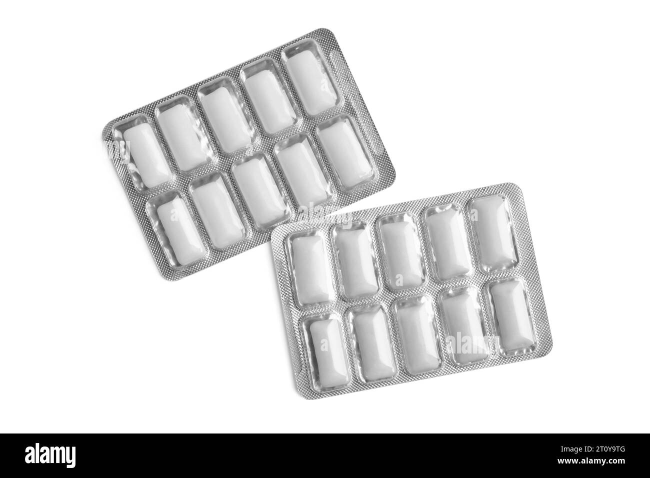 Blasen von Kaugummi isoliert auf weißem, Draufsicht Stockfoto