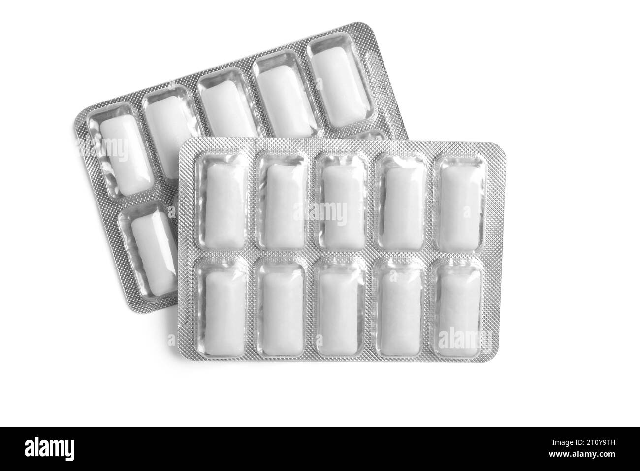 Blasen von Kaugummi isoliert auf weißem, Draufsicht Stockfoto