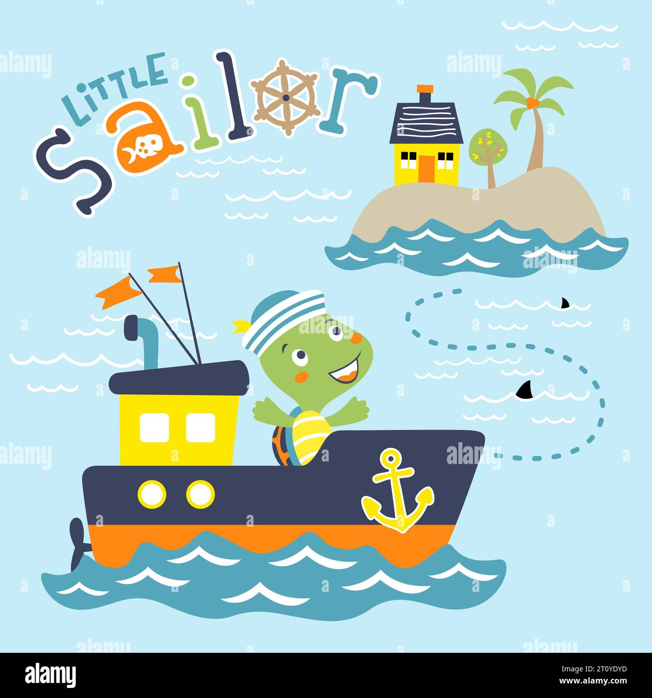 Vektor-Cartoon der Schildkröte, der Seemann auf dem Boot, segelt zu einer kleinen Insel Stock Vektor