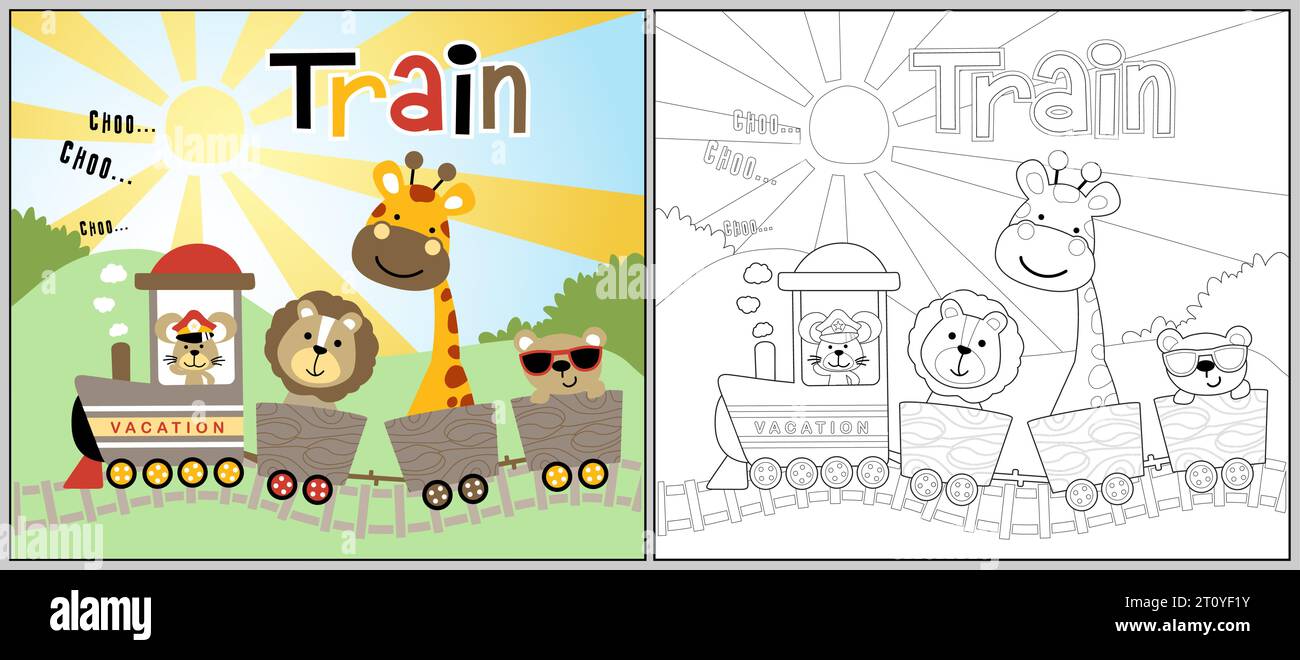Lustige Tiere-Zeichentrickfilm auf der Dampfeisenbahn. Malbuch oder Seite Stock Vektor