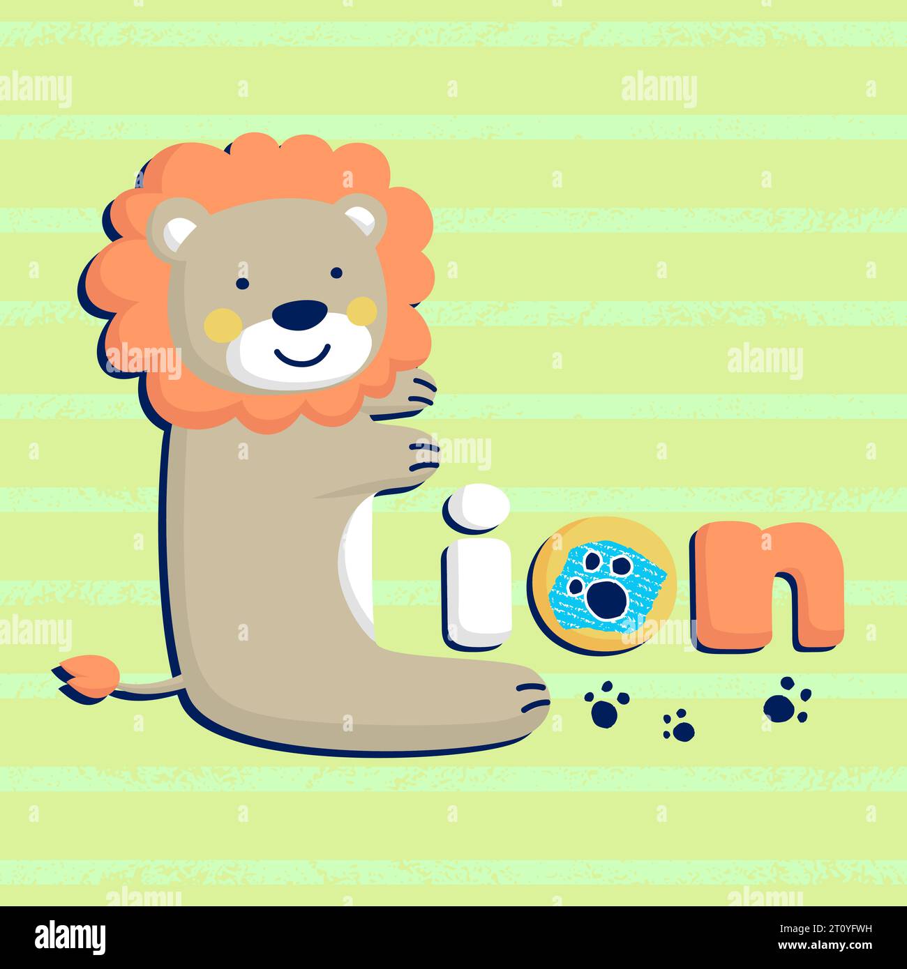 Lustiger Löwen-Cartoon-förmiger L-Buchstabe auf gestreiftem Hintergrund Stock Vektor