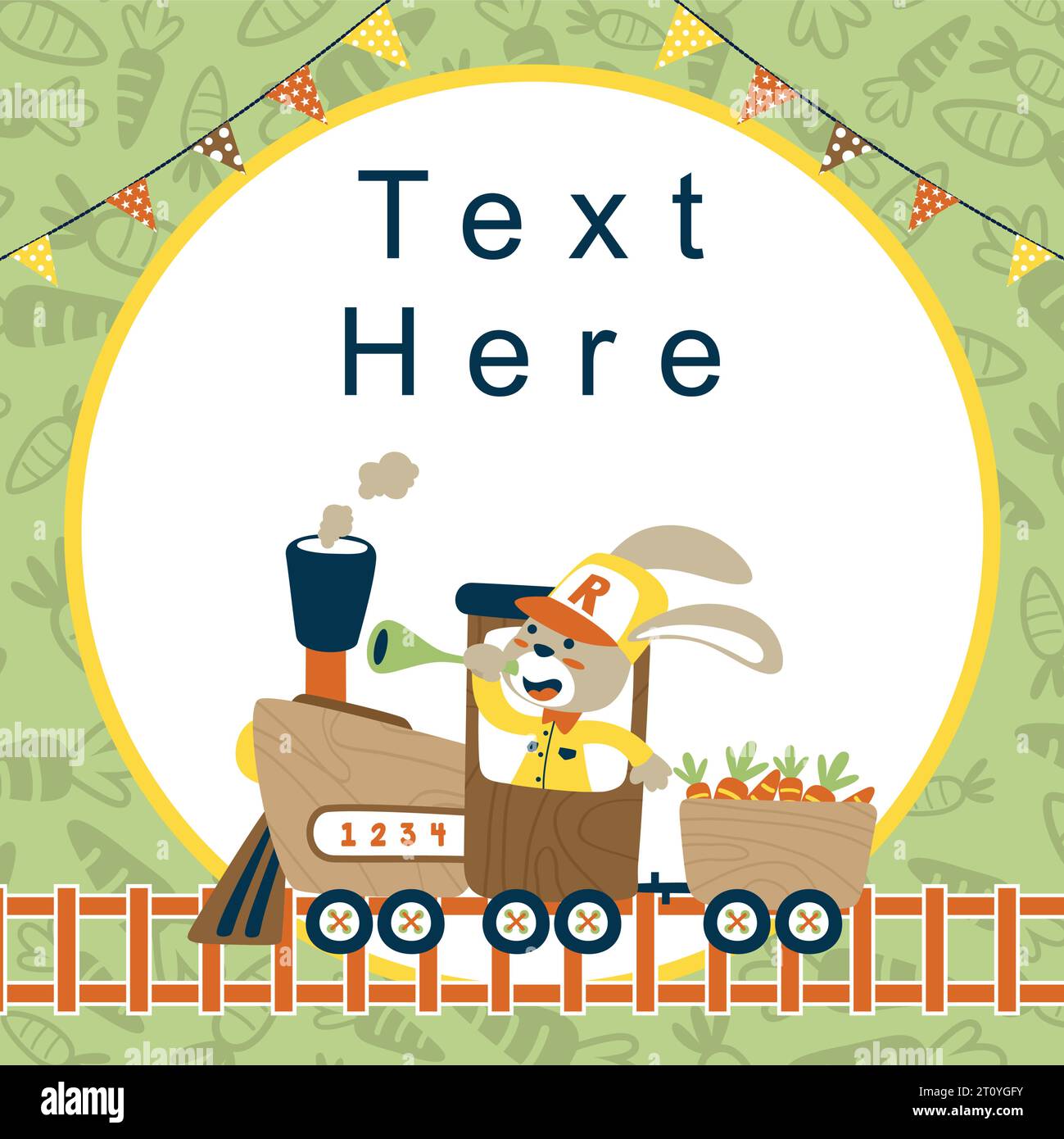 Vektor-Cartoon der Einladungskarte Vorlage mit Häschen auf hölzernem Dampfzug, der Trompete auf Karotten Muster hält Stock Vektor