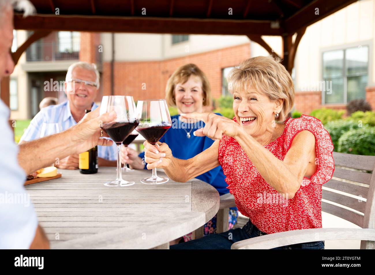 Senioren genießen gute Weinzeiten Stockfoto