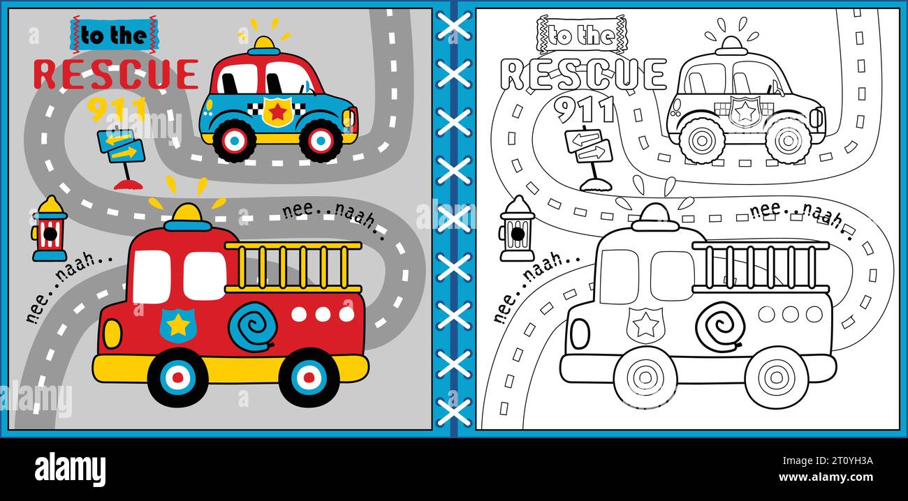 Vektor-Cartoon von Rettungsfahrzeugen auf der Straße, Verkehrselemente Illustration, Ausmalseite oder Buch Stock Vektor