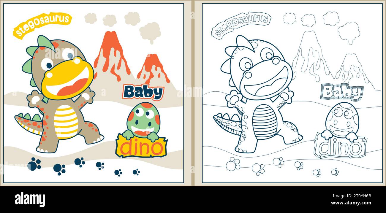Vektor der Dinosaurier Cartoon auf Vulkanhintergrund, Malseite oder Buch Stock Vektor