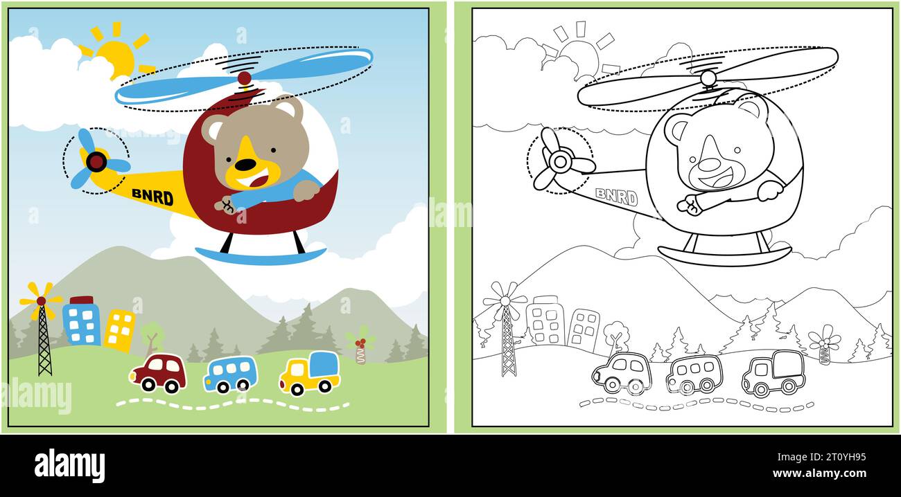 Vektor-Cartoon des Bären auf Hubschrauber, Transport Elemente Illustration, Ausmalseite oder Buch Stock Vektor