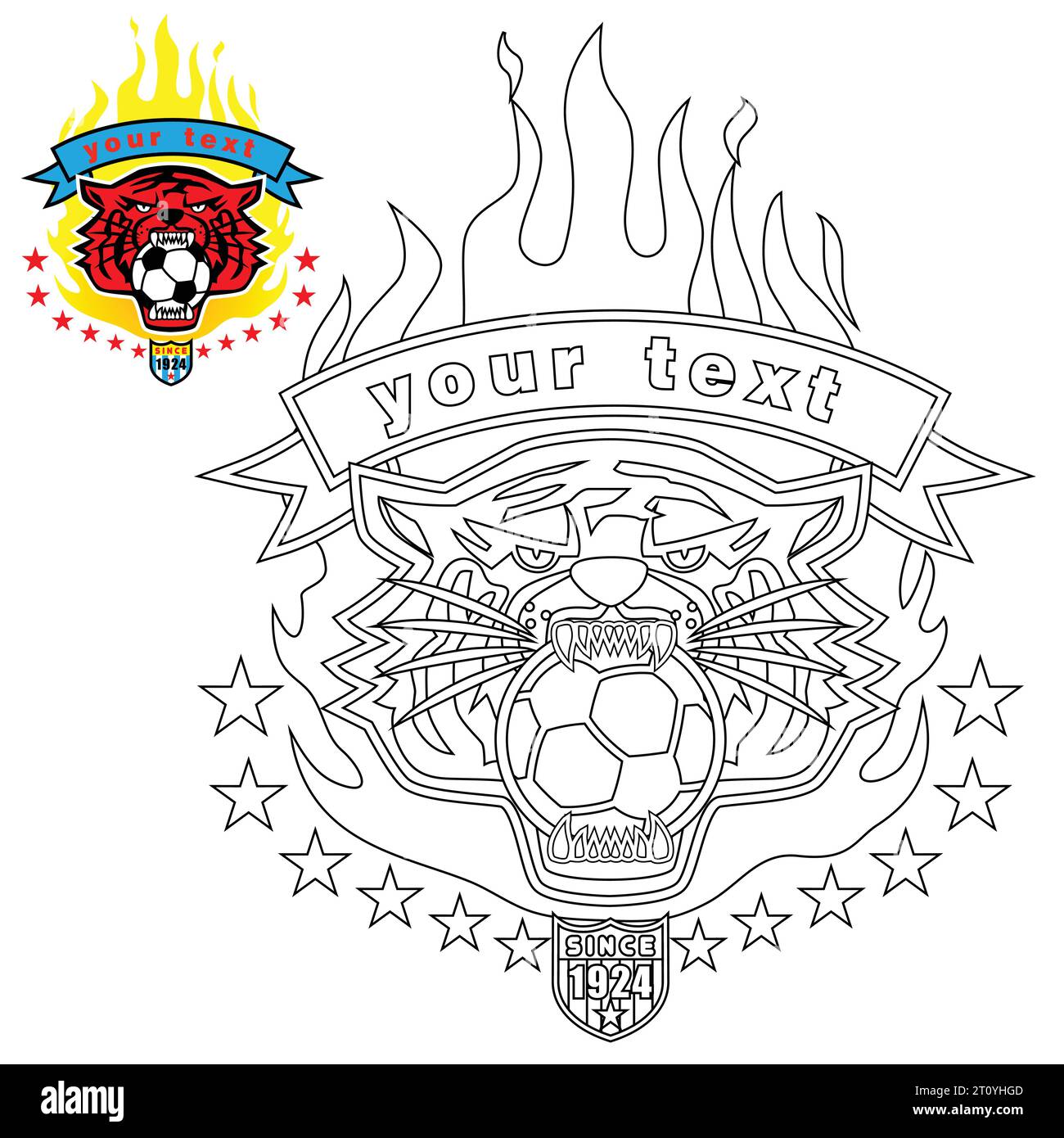 Vektor des Tigerkopf-Logos Bite Fußball mit Flamme, Färbung Seite oder Buch Stock Vektor