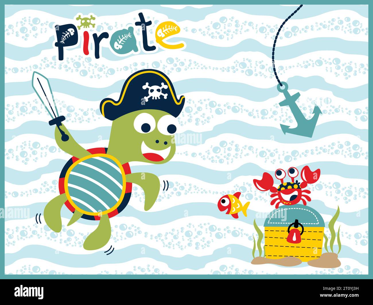 Vektor-Cartoon von Meerestieren im Piratenkostüm mit Schatzkiste, Unterwasser-Element-Illustration Stock Vektor