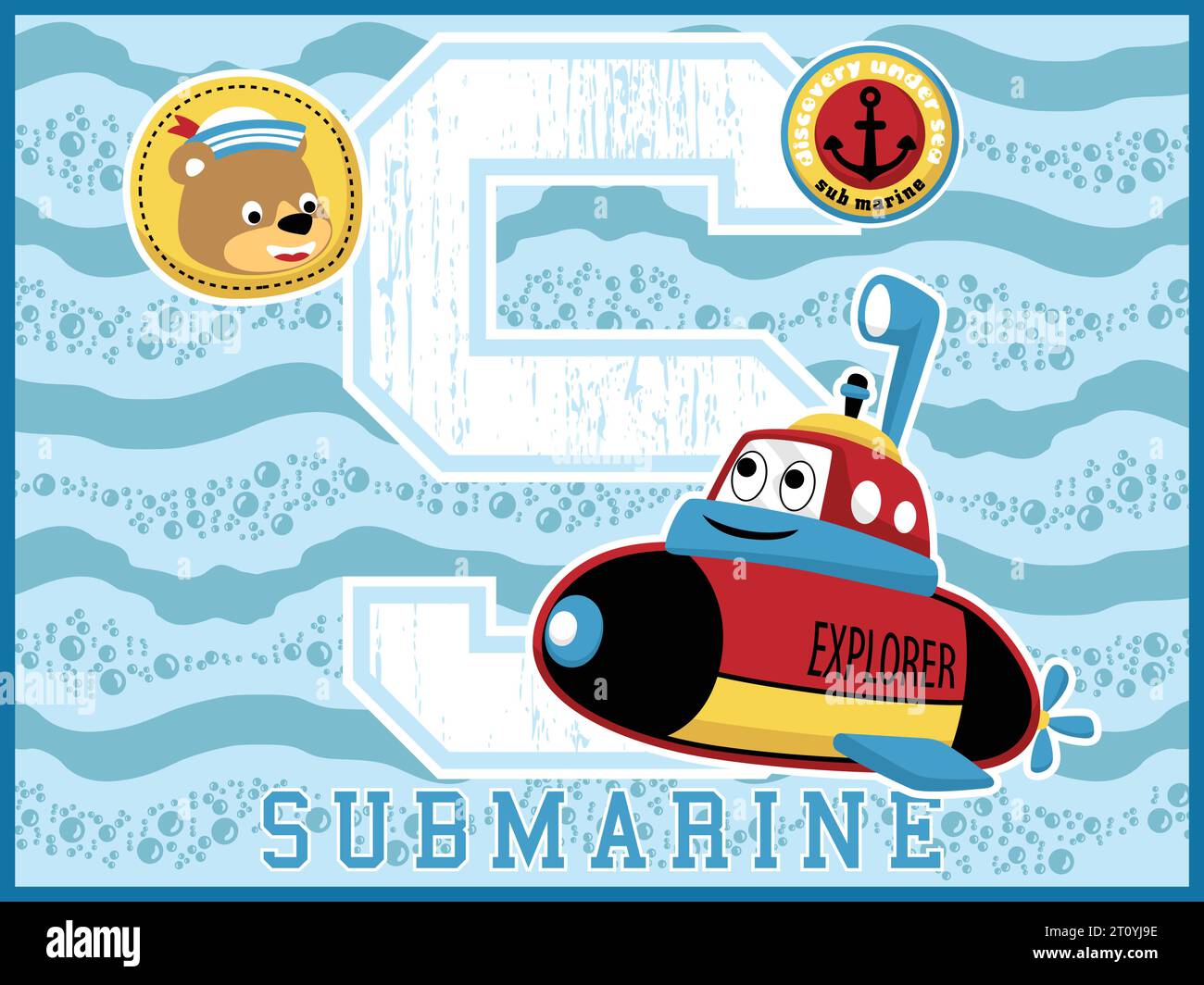Karikaturvektor des lustigen U-Bootes mit niedlichem Bären-Lächeln-Gesicht auf blauem Wellen-Hintergrund, Seemann-Element-Illustration Stock Vektor