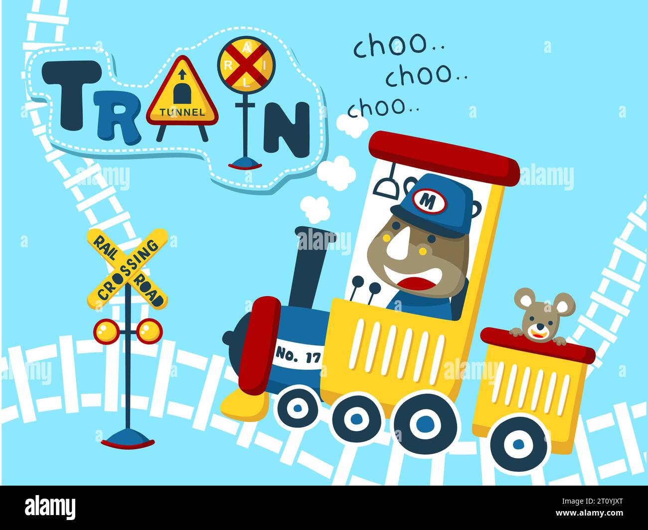 Karikaturvektor des niedlichen Nashörns mit Maus auf Dampfeisenbahn, Eisenbahnelemente Illustration Stock Vektor