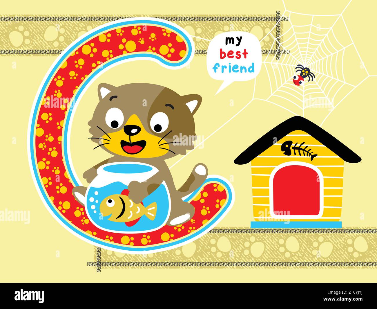 Vektor-Cartoon der lustigen Katze umarmt Fischglas, Haustiere Elemente Illustration mit Spinne auf Spinnennetz Stock Vektor