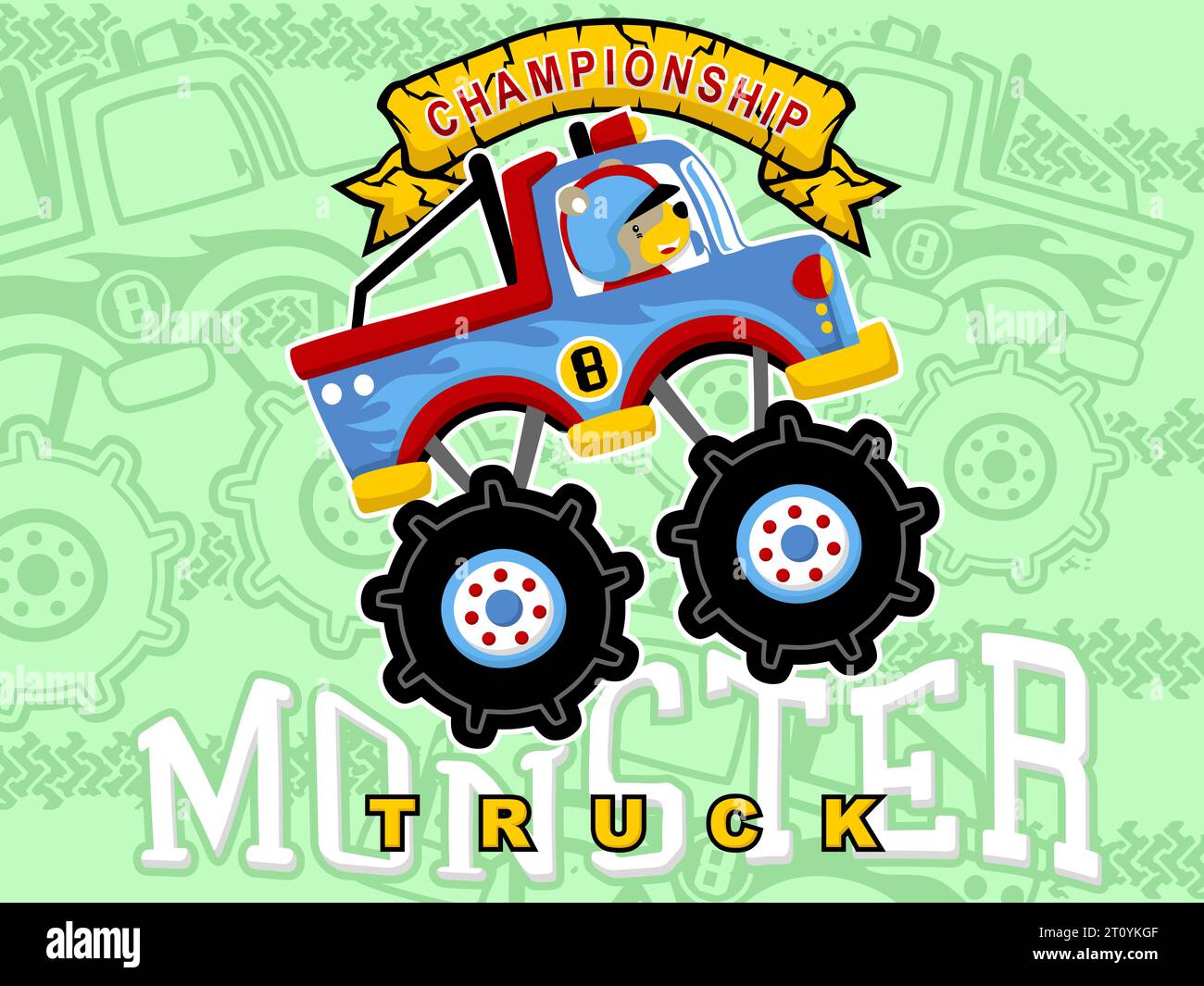 Cartoonvektor des Monster Trucks mit lustigen Bären Fahrer auf Reifenspur und Monster Truck Hintergrund Stock Vektor