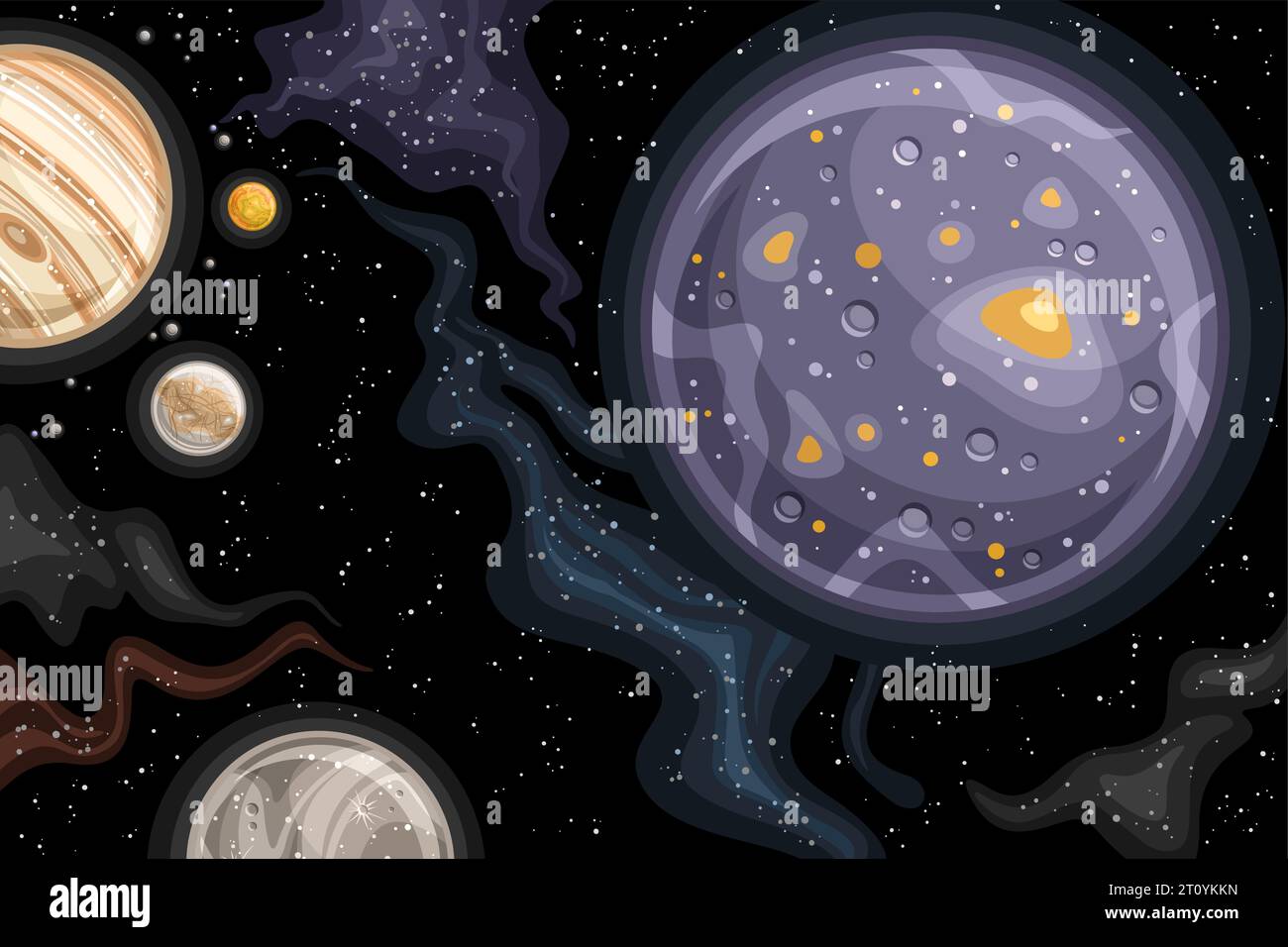 Vector Fantasy Space Chart, astronomisches horizontales Poster mit Zeichentrickdesign drehende Callisto und andere Satelliten von Jupiter im tiefen Raum, Decora Stock Vektor