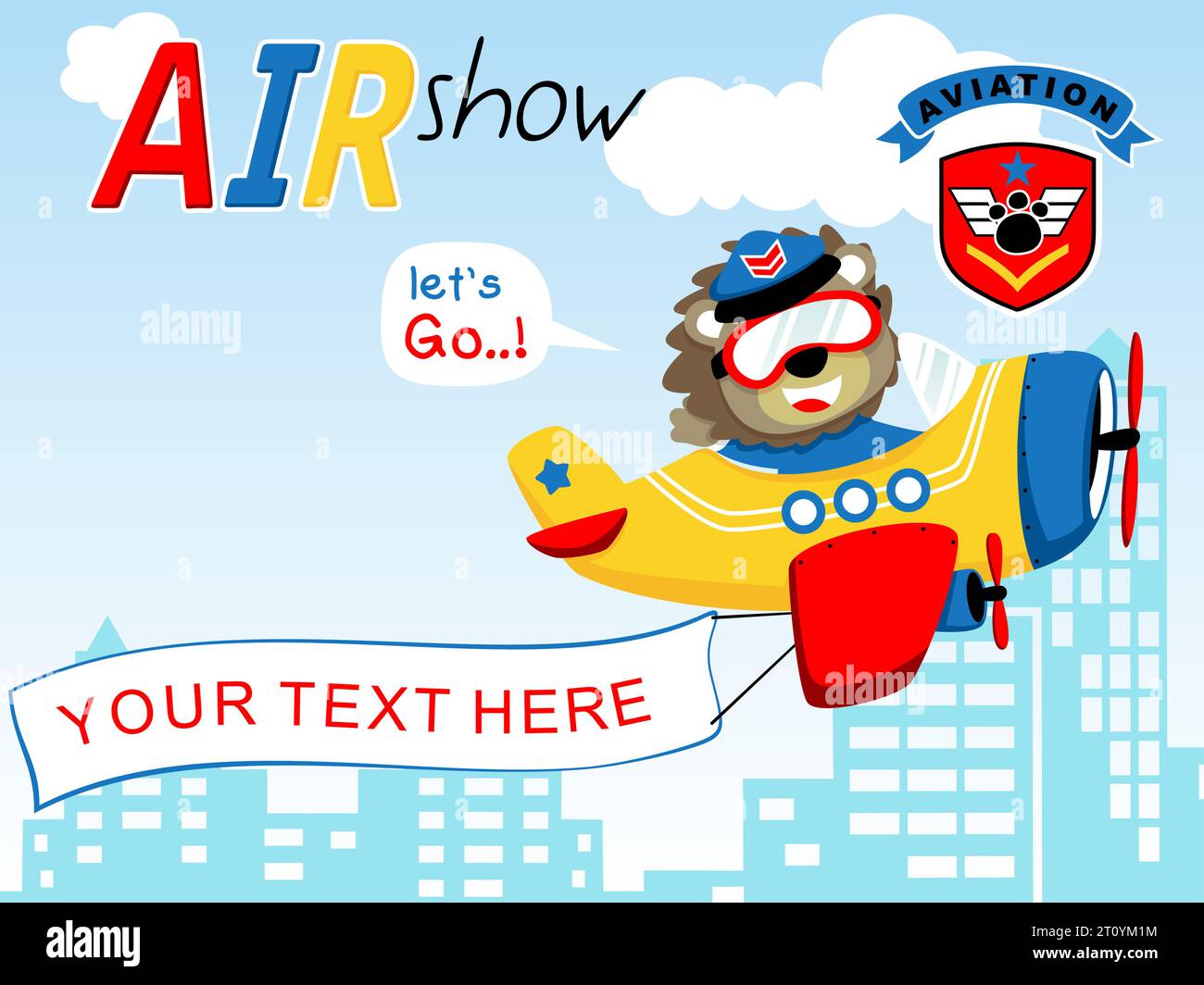 Cartoonvektor des lustigen Löwen auf dem Flugzeug zieht Banner über Gebäude mit Luftfahrt-Logo Stock Vektor