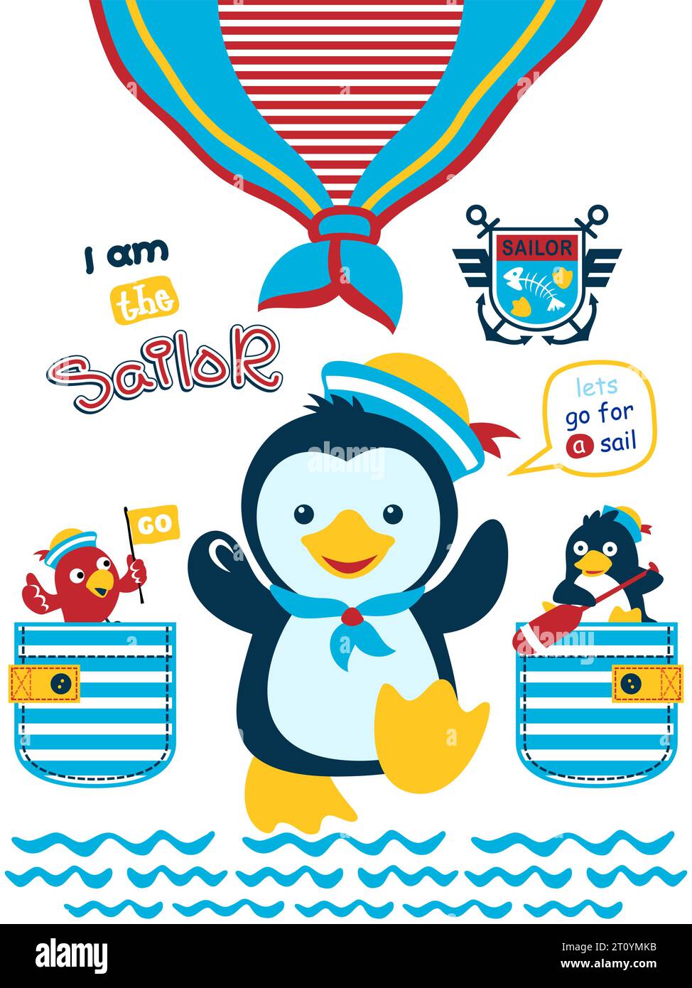 Niedlicher Pinguin im Matrosenkostüm, Pinguin mit Paddel in der Tasche, Vogel mit Matrosenhut und Flagge in der Tasche. Vektor-Zeichentrick-Illustration Stock Vektor
