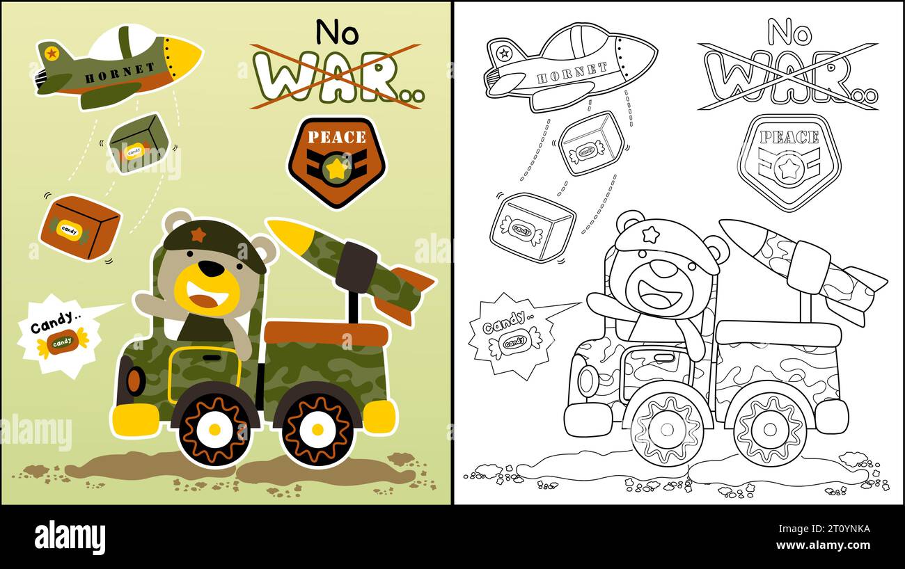 Vektor-Cartoon des niedlichen Bären auf Militärwagen mit Rakete, Militärflugzeug fallende Süßigkeitenbox, kein Kriegsslogan, Malbuch oder Seite Stock Vektor
