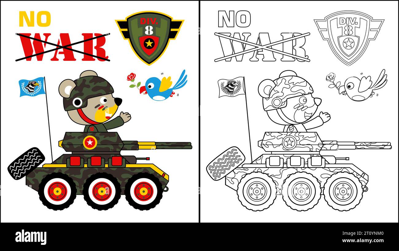 Vektor-Cartoon des niedlichen Bären im Soldatenkostüm auf Militärfahrzeug, ein Vogel mit Blumen. Malbuch oder Seite Stock Vektor