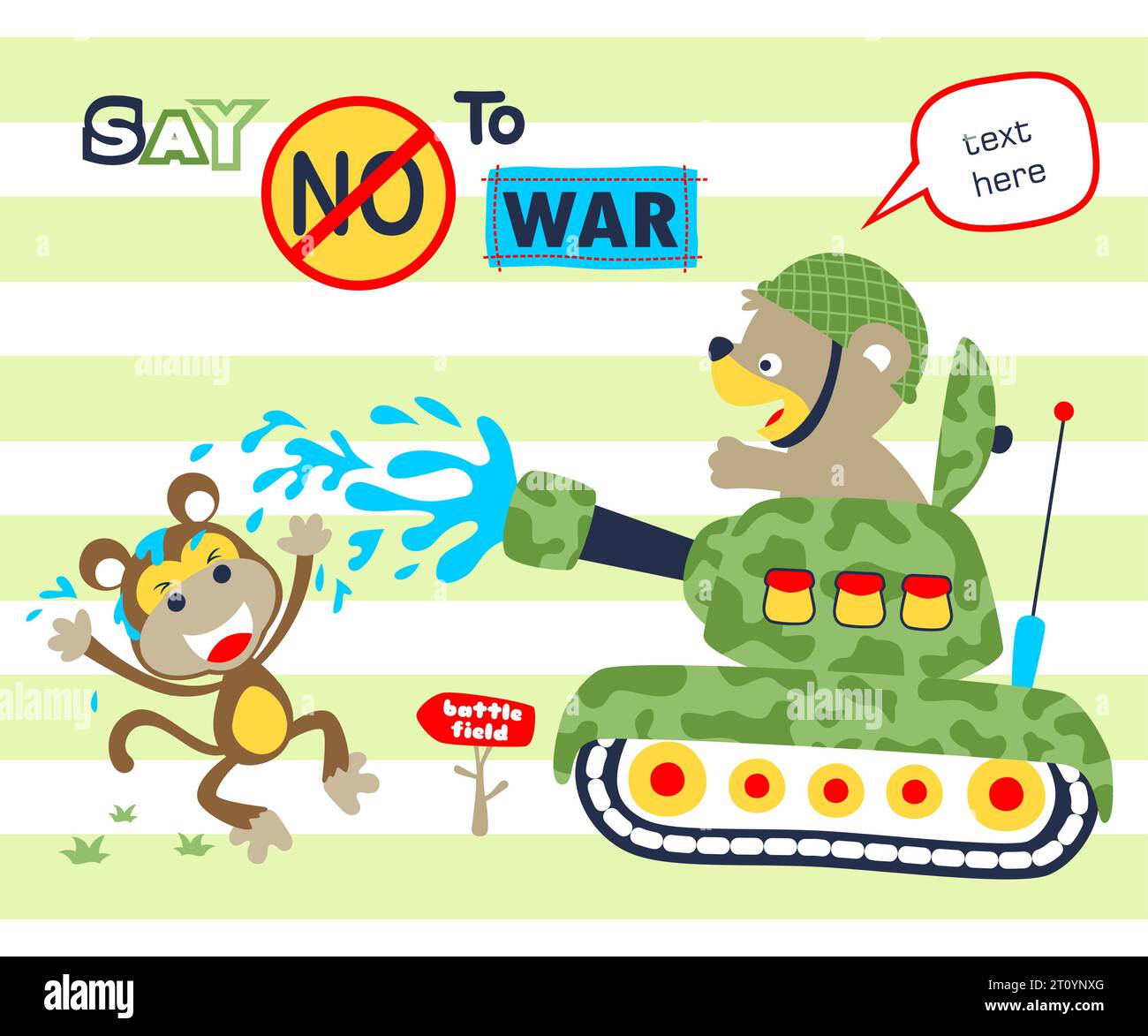 Vektor-Illustration des Zeichentrickbären auf gepanzertem Fahrzeug, das Wasser auf lustigen Affen sprüht Stock Vektor