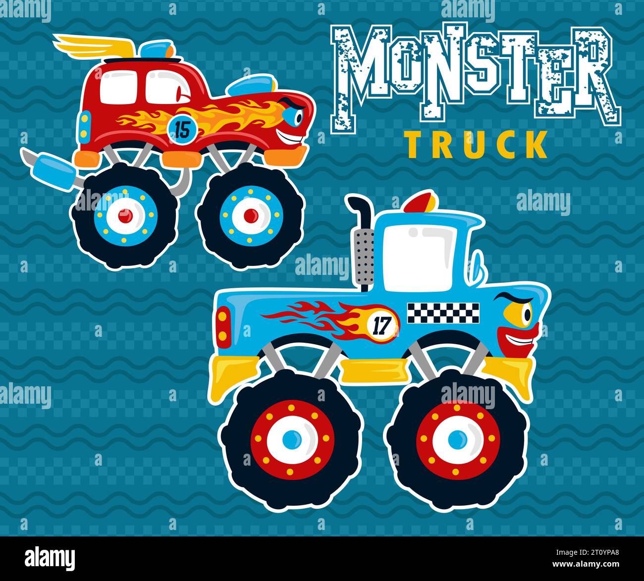 Monster Truck Race Cartoon. Vektor-Zeichentrick-Illustration Stock Vektor