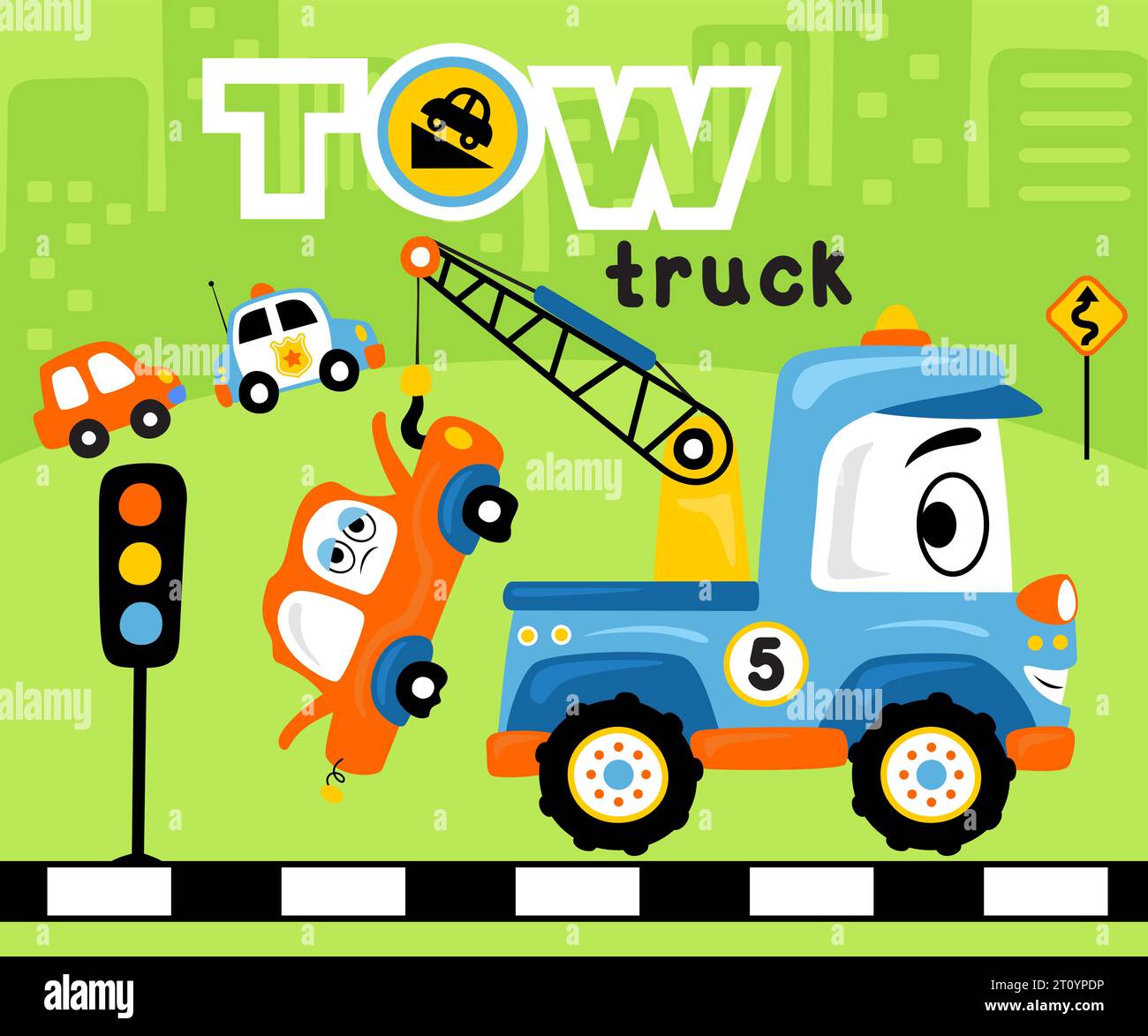 Lustige Abschleppwagen-Zeichentrickserie, die Wrack-Autos schleppt. Abbildung des Verkehrselements Stock Vektor