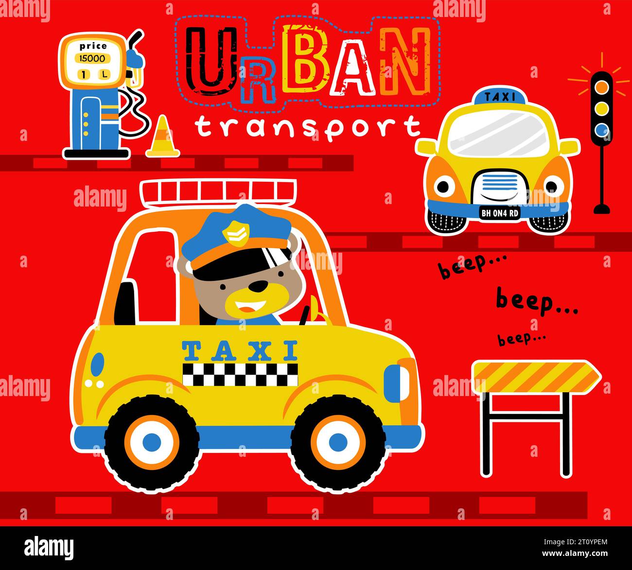 Vektor-Illustration des Bären, der Taxi fährt, Verkehrselemente Cartoon Stock Vektor