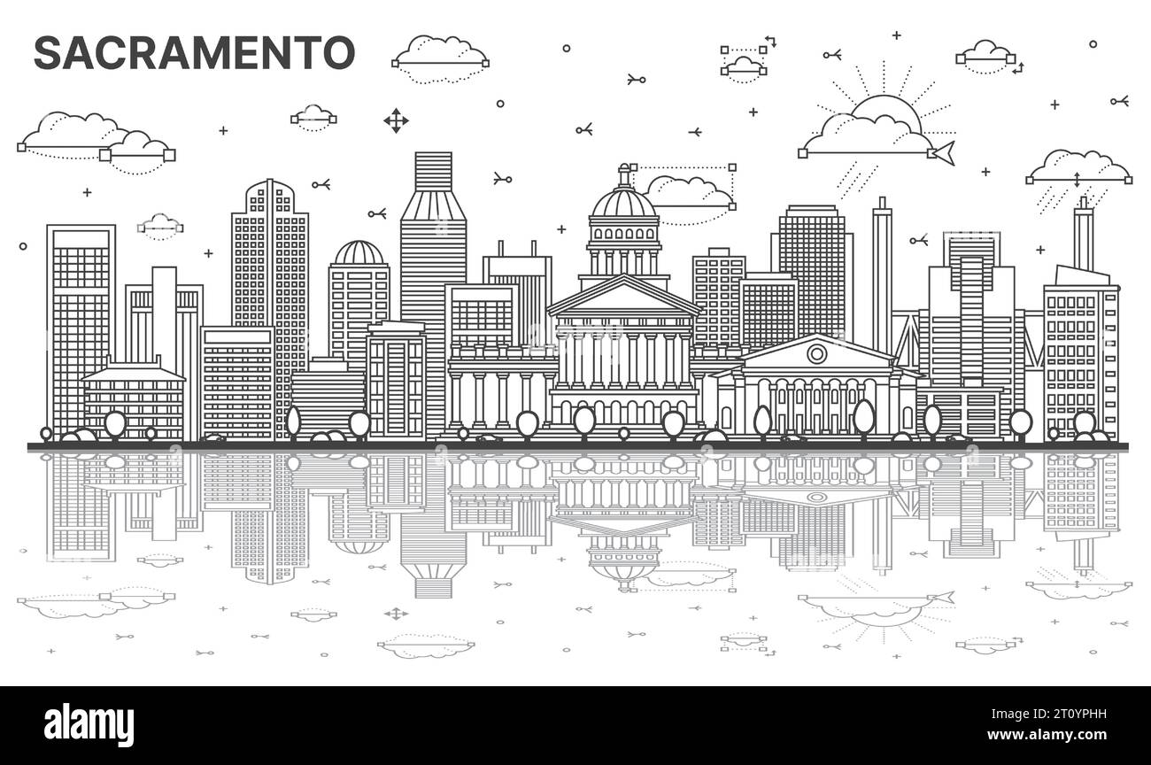 Umreißen Sie die Skyline der Stadt Sacramento California mit modernen Gebäuden und Reflexen auf weiß. Vektorabbildung. Sacramento, USA, Stadtbild. Stock Vektor