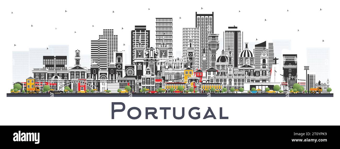 Portugal. Skyline der Stadt mit grauen Gebäuden auf weiß. Vektorabbildung. Konzept mit moderner und historischer Architektur. Portugal Stadtbild. Stock Vektor