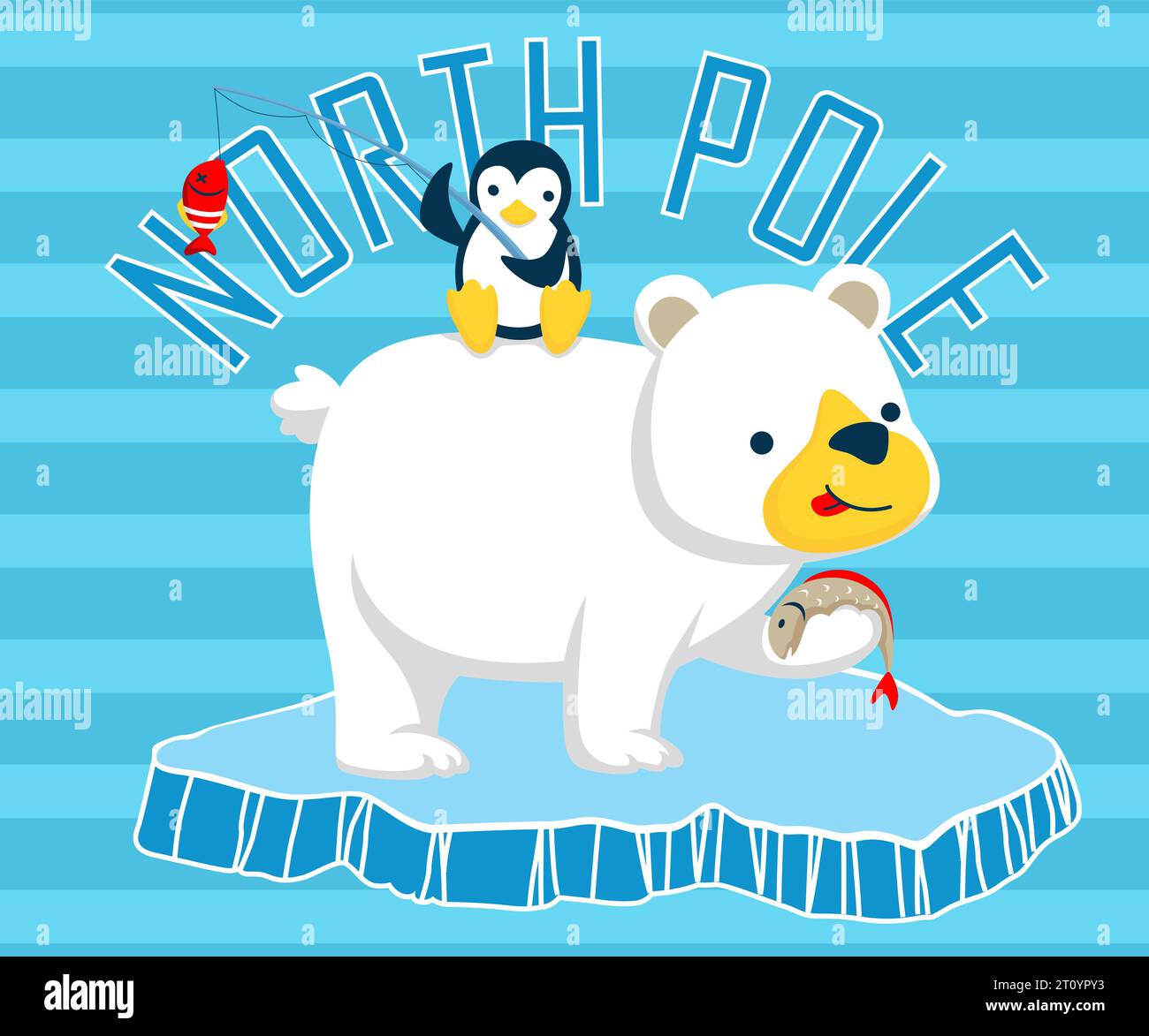 Cartoon von Pinguinen, die auf Eisbären sitzen, Tieren, die auf Eisbrocken fischen Stock Vektor