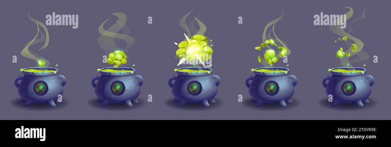 Magischer Hexenkessel halloween-Spielanimation. Illustrationskit für die Sequenz der Verdampfung von Rauch mit grüner Dampfwolke. Kochtrank mit Blasenexplosion-Spritzblatt-Set für Mystery Alchemie-Labor Stock Vektor