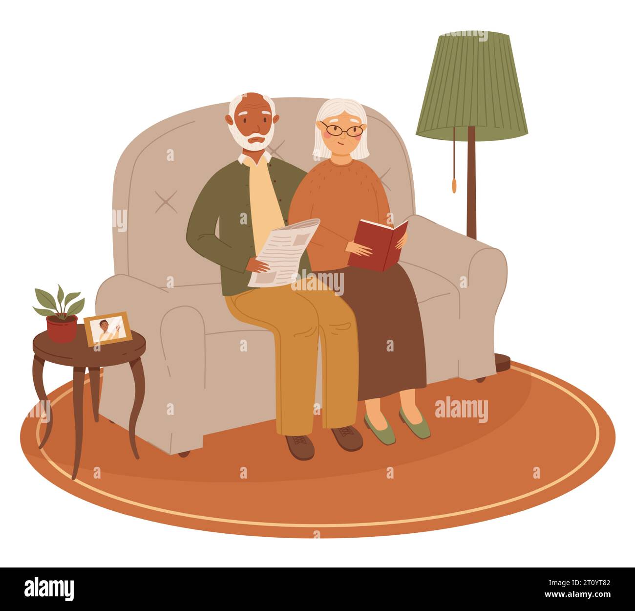 Glückliches modernes multinationales Seniorpaar aus schwarzhäutigem Mann und weißhäutiger Frau, die zusammen auf dem Sofa lesen. Ein paar alte Leute in einem gemütlichen h Stock Vektor