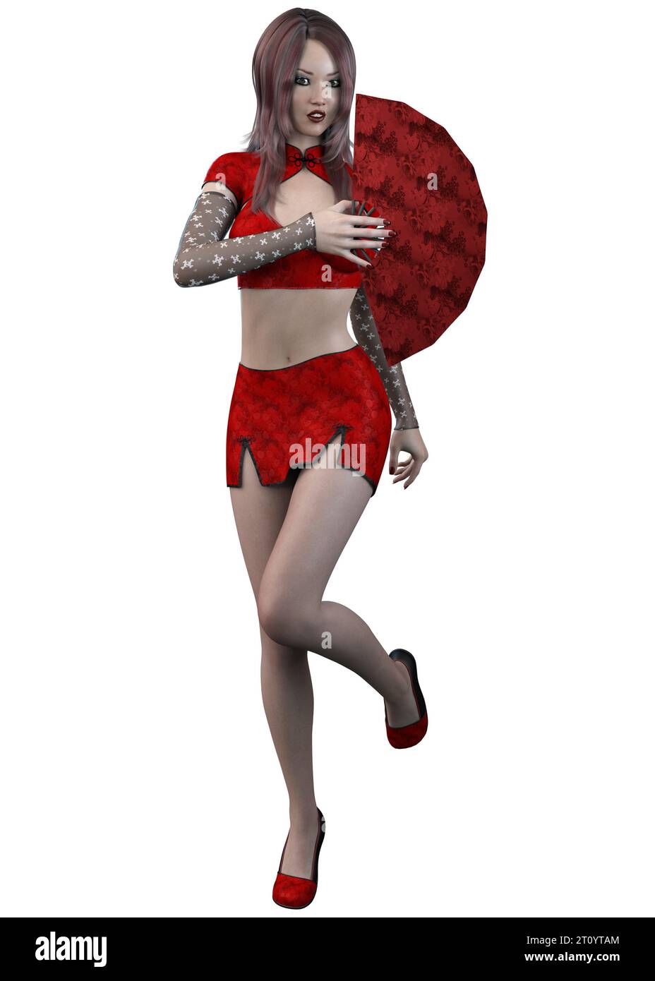 Junge asiatische Frau trägt rotes Outfit, 3D-Illustration. Stockfoto