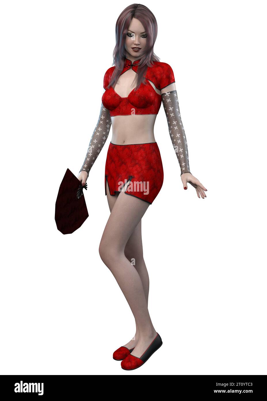 Junge asiatische Frau trägt rotes Outfit, 3D-Illustration. Stockfoto