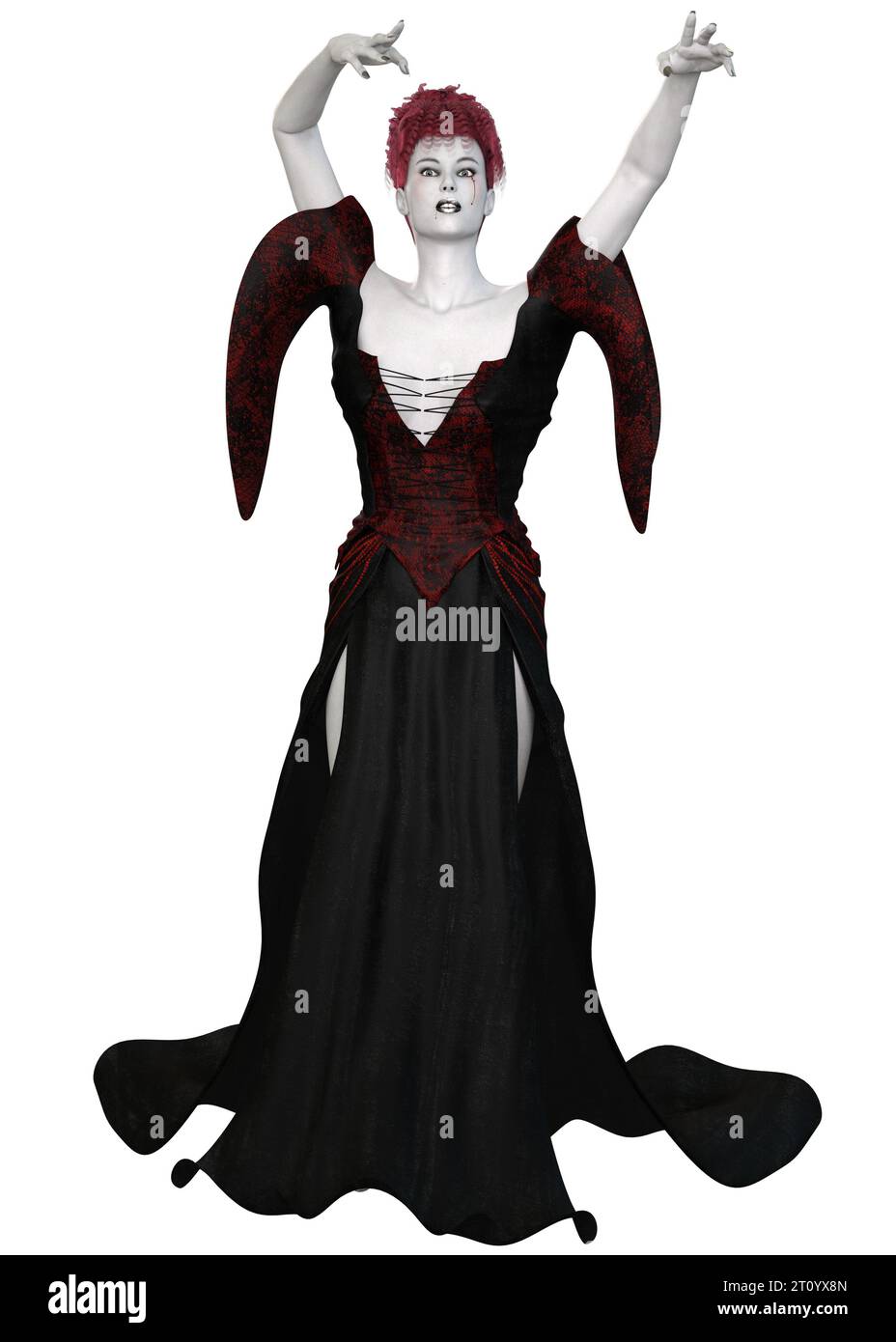 Fantasy-Magie, Hexenfrau mit blasser Haut trägt schwarz-rotes Outfit, 3D-Illustration. Stockfoto