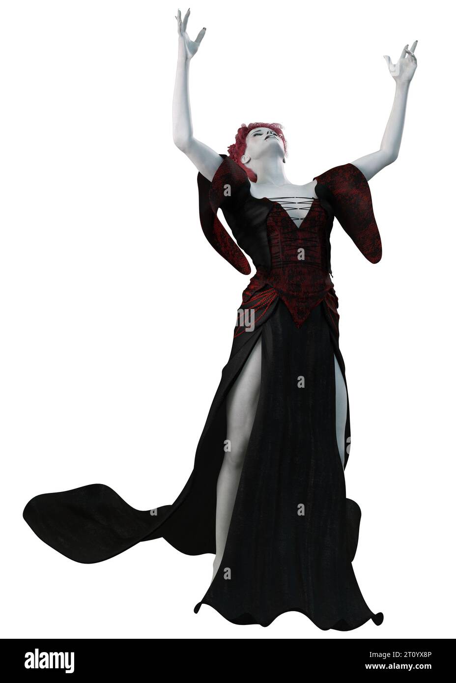 Fantasy-Magie, Hexenfrau mit blasser Haut trägt schwarz-rotes Outfit, 3D-Illustration. Stockfoto