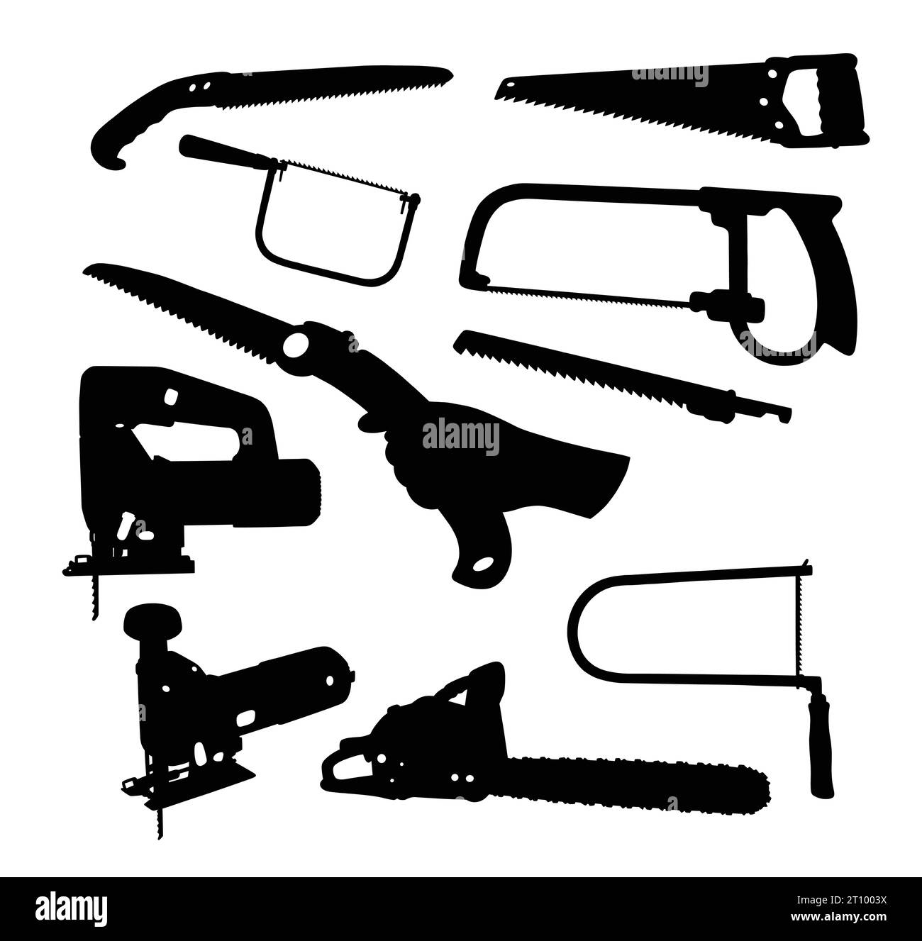 Silhouette der Sägemaschine und der manuellen Werkzeugkonstruktion Stock Vektor
