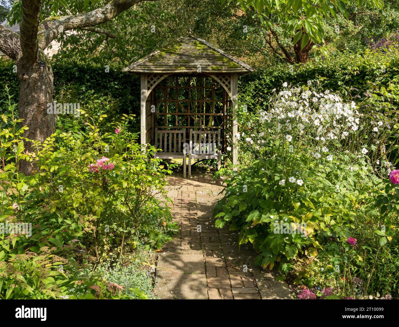 Hübscher Hüttengarten mit Laubensitz im Spätsommer, Barnsdale Gardens, Oakham, Rutland, England, UK Stockfoto