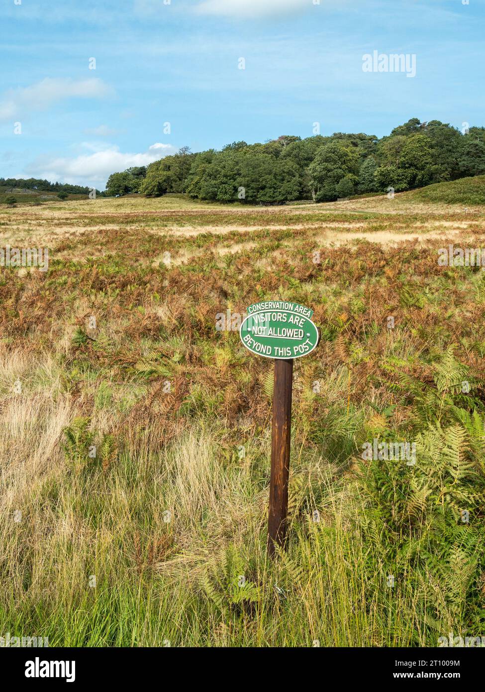 Schutzgebiet-Schild. Besucher sind über diesen Punkt hinaus nicht erlaubt. Bradgate Park, Leicestershire, England, Großbritannien Stockfoto