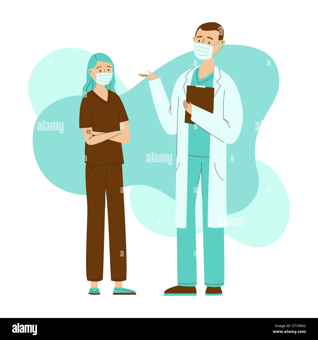 Vektorillustration Arzt in Schutzmaske Sprechen Sie mit einer Krankenschwester in Schutzmaske. Abstrakter Hintergrund der blauen Flecken Stock Vektor