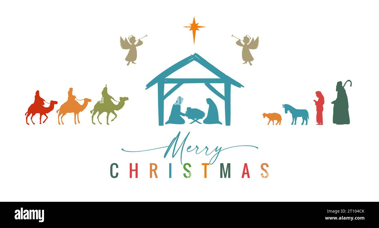 Frohe Weihnachten. Maria, Joseph, Jesus in der Krippe, Weisen, Hirten 