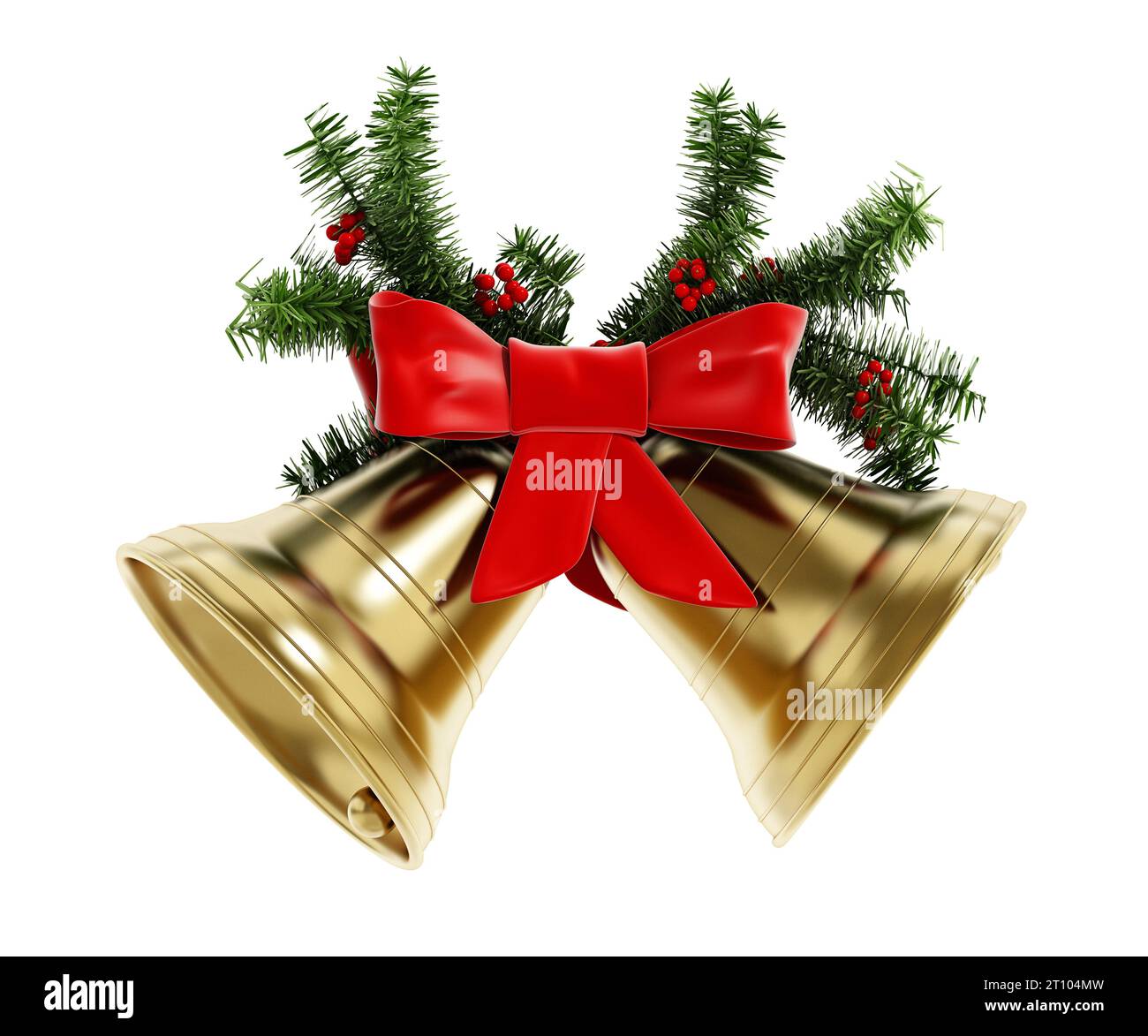 Goldene Weihnachtsglocken, rotes Band und Tannenzweige isoliert auf weißem Hintergrund. 3D-Abbildung. Stockfoto