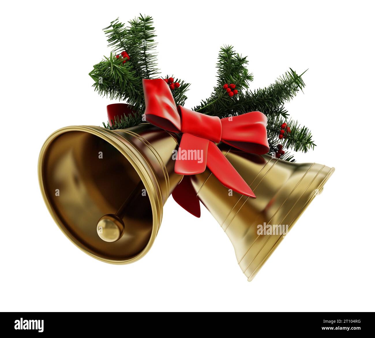 Goldene Weihnachtsglocken, rotes Band und Tannenzweige isoliert auf weißem Hintergrund. 3D-Abbildung. Stockfoto