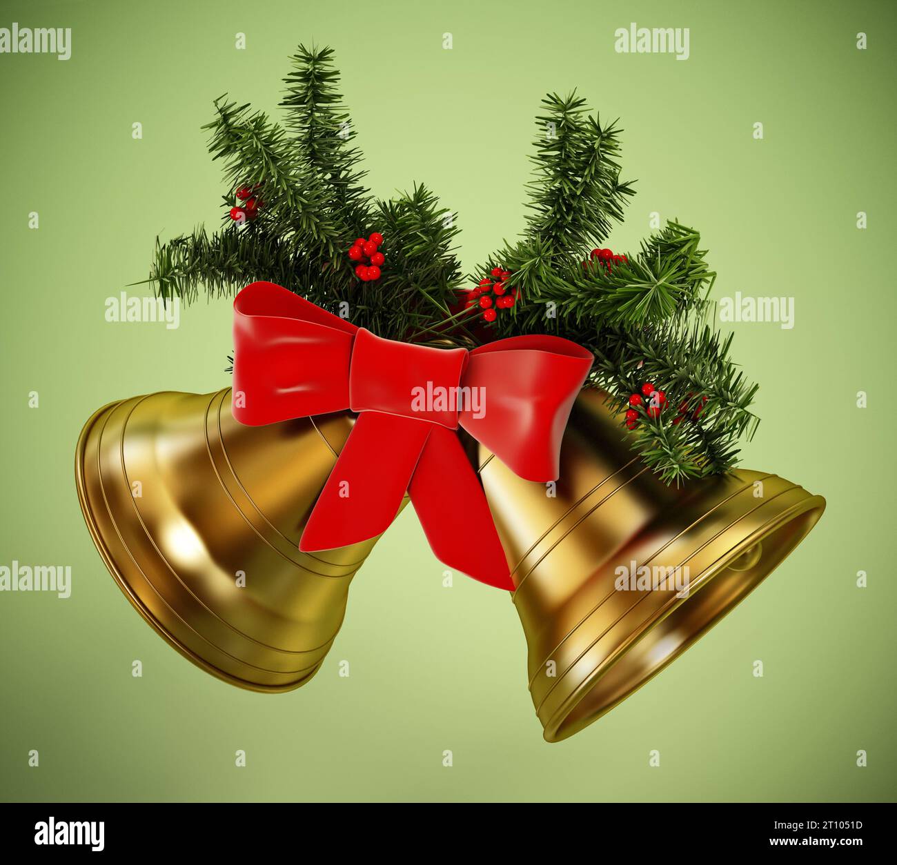 Goldene Weihnachtsglocken, rotes Band und Tannenzweige isoliert auf grünem Hintergrund. 3D-Abbildung. Stockfoto